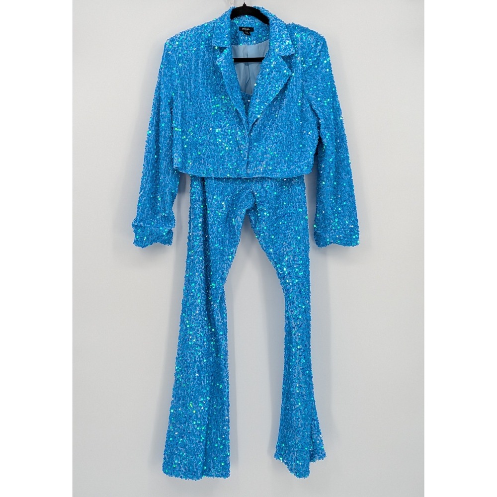 Nasty Gal $326 Size 6 Teal Blue Sequin Two Piece Set Cropped Blazer Flare Pants - Picture 6 of 16